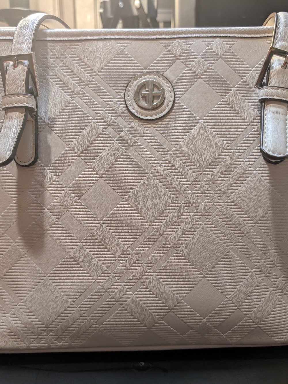 Giani Bernini White Embossed Monogram Tote Bag Silver Tone Hardware Shoulder Pur